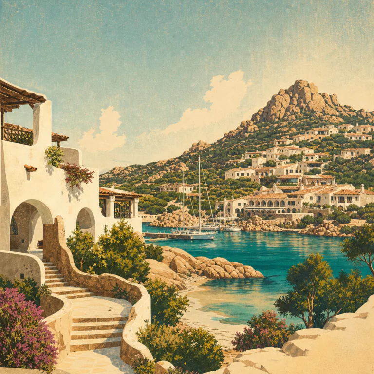 Illustration of Porto Cervo: Nascita Esclusiva da Approdo a Iconico Mito Mediterraneo
